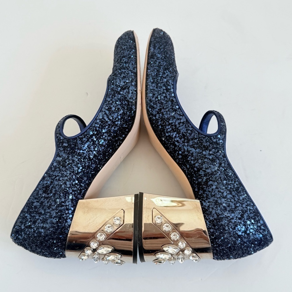 Miu Miu Midnight Blue Glitter Rhinestone embellished Mary Jane Pumps EU 38.5 - Picture 6 of 11